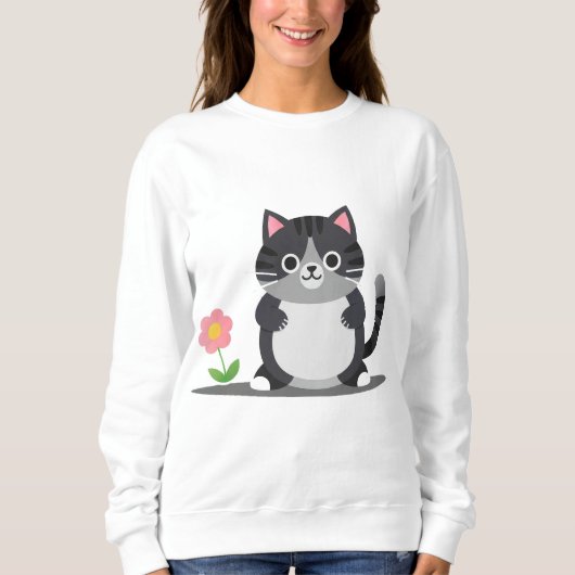 かわいいキャラクターの猫と花 スウェットシャツ (正面)