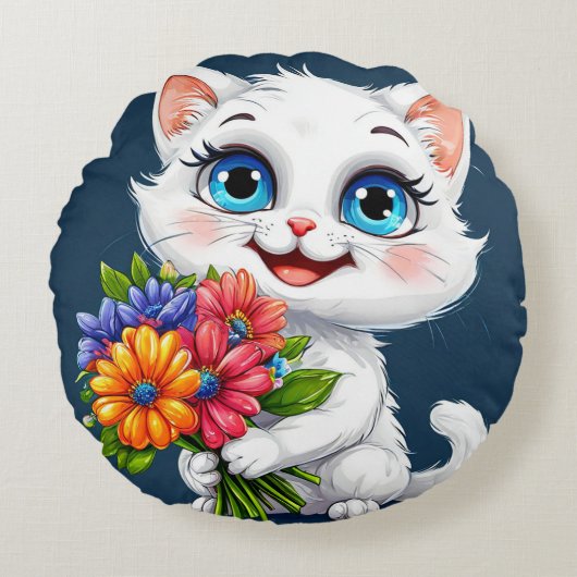 かわいいキャラクターの猫 ラウンドクッション (正面)