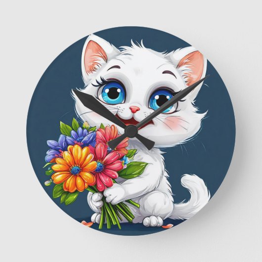 かわいいキャラクターの猫 ラウンド壁時計 (正面)