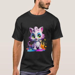 かわいいキャラクターの猫 派手なペンキのしぶき 子猫のアート Tシャツ