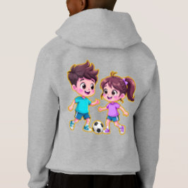かわいいキャラクターの男の子と女の子が一緒にサッカーをしている