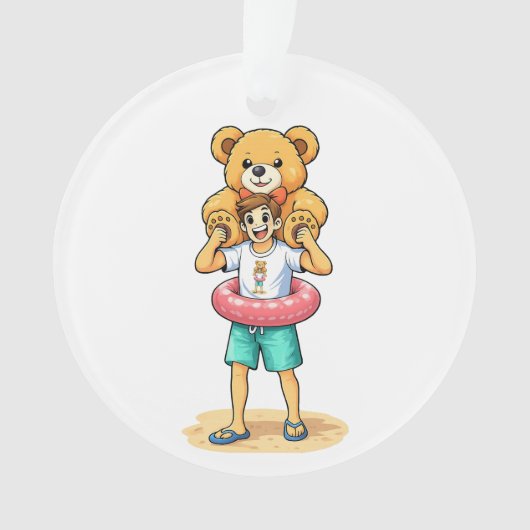 かわいいキャラクターの男性が巨大なテディベアと夏を満喫 オーナメント (正面)