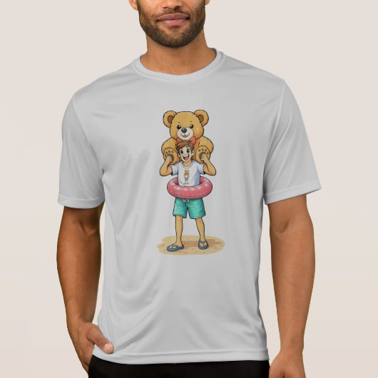 かわいいキャラクターの男性と巨大なテディベアのサマー・ファン Tシャツ (正面)