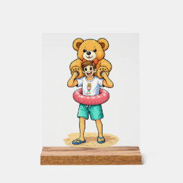 かわいいキャラクターの男性と巨大なテディベアの夏の楽しみ アクリルサイン