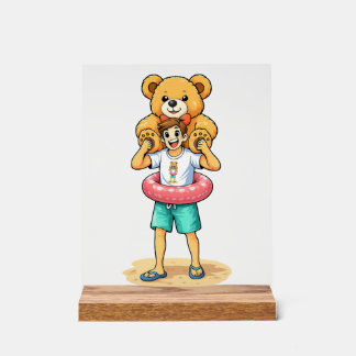 かわいいキャラクターの男性と巨大なテディベアの夏の楽しみ アクリルサイン