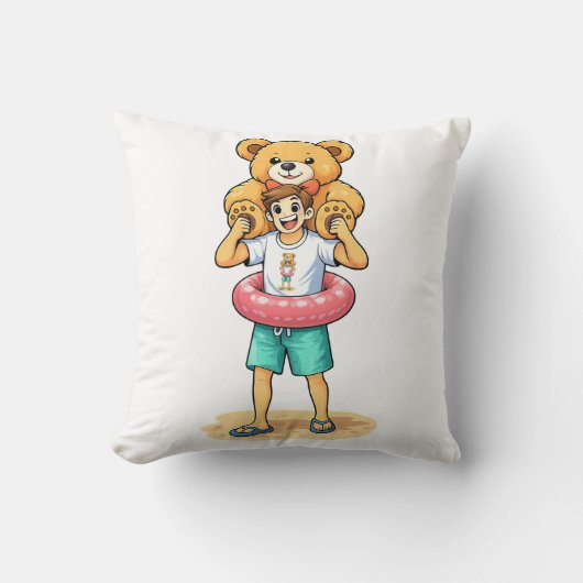 かわいいキャラクターの男性と巨大なテディベアの夏の楽しみ クッション (正面)