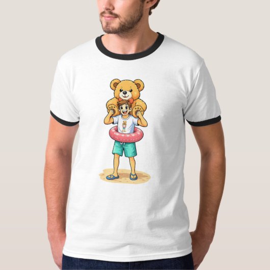 かわいいキャラクターの男性と巨大なテディベアの夏の楽しみ Tシャツ (正面)