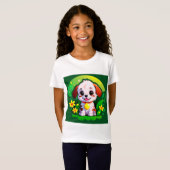 かわいいキャラクターの花と子犬 Tシャツ (正面フル)