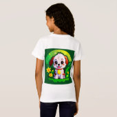 かわいいキャラクターの花と子犬 Tシャツ (裏面フル)