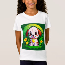 かわいいキャラクターの花と子犬 Tシャツ
