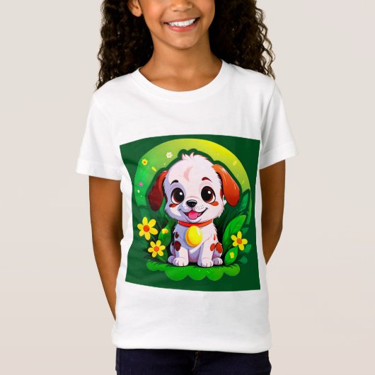 かわいいキャラクターの花と子犬 Tシャツ (正面)