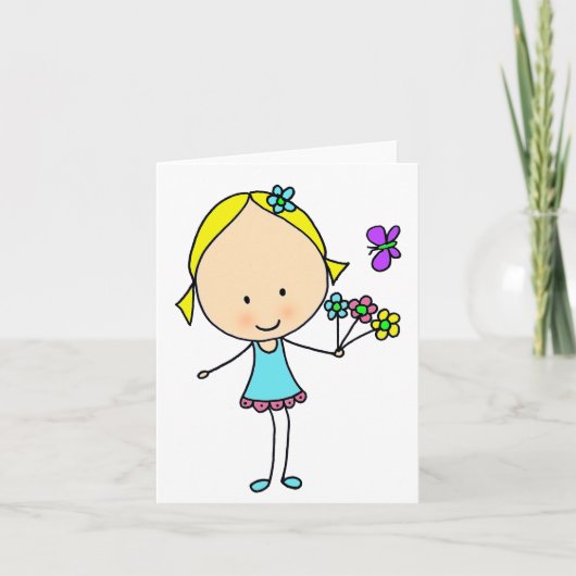 かわいいキャラクターの花を持つ女の子　汎用デザイン カード (正面)