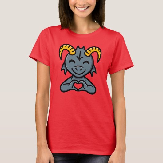 かわいいキャラクターの角のある生き物ラブハートサイン Tシャツ (正面)