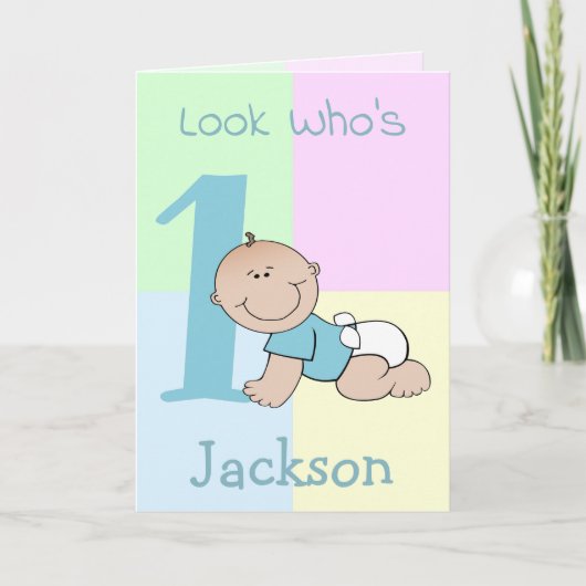 かわいいキャラクターの赤ちゃん男の子の1歳の誕生日 カード (正面)