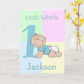 かわいいキャラクターの赤ちゃん男の子の1歳の誕生日 カード (黄色い花)