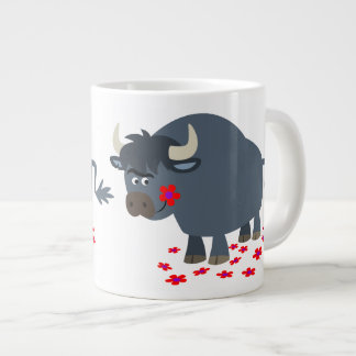 かわいいキャラクターの雄牛と赤い花のジャンボマグ ジャンボコーヒーマグカップ