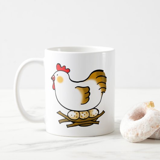 かわいいキャラクターの雌鳥が巣と農場の卵と一緒 コーヒーマグカップ (ドーナツ)