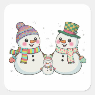 かわいいキャラクターの雪だるま家族 冬の休日 スクエアシール