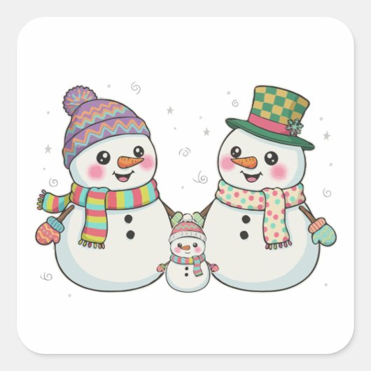 かわいいキャラクターの雪だるま家族 冬の休日 スクエアシール (正面)