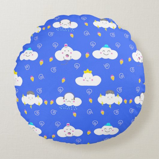 かわいいキャラクターの雲と表情 ラウンドクッション (正面)