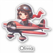 かわいいキャラクターの飛行機の女の子 パーソナライズデザイン シール (正面)