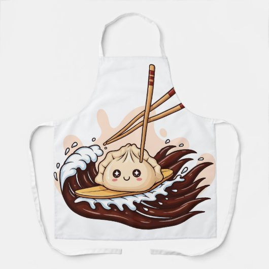 かわいいキャラクターの餃子が醤油の波に乗っている エプロン (正面)