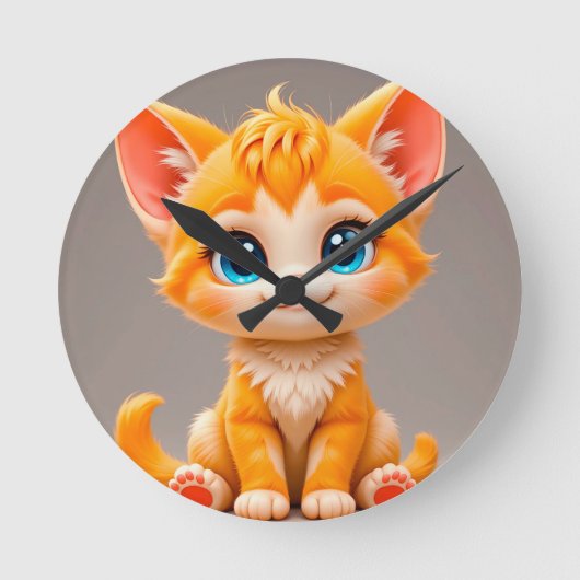 かわいいキャラクターオレンジの子猫 ラウンド壁時計 (正面)
