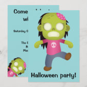 かわいいキャラクターゾンビ娘ハロウィンパーティー 招待状 (正面/裏面)