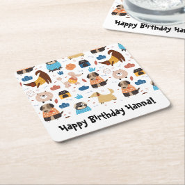 かわいいキャラクタードッグテーマの誕生日パーティー スクエアペーパーコースター