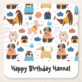 かわいいキャラクタードッグテーマの誕生日パーティー スクエアペーパーコースター