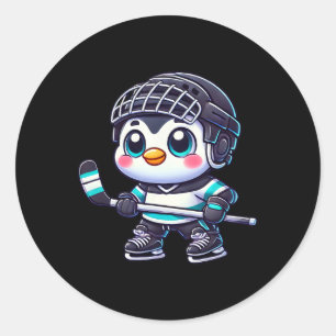 かわいいキャラクターペンギンのアイスホッケー選手 ラウンドシール