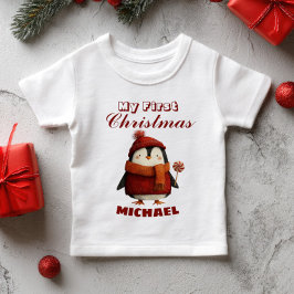 かわいいキャラクターペンギンの最初のクリスマス 名前入り ベビーTシャツ