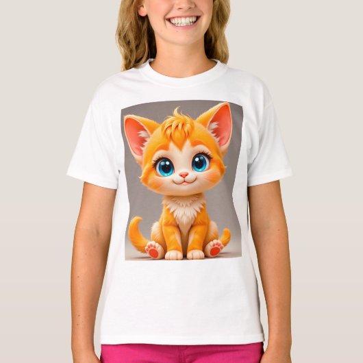 かわいいキャラクター オレンジの子猫 Tシャツ (正面)