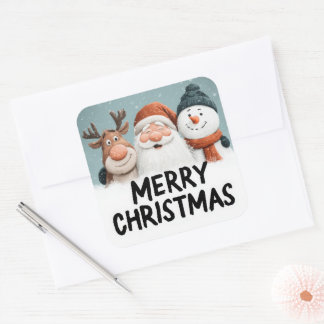 かわいいキャラクター サンタ+トナカイ+雪だるま メリークリスマス スクエアシール