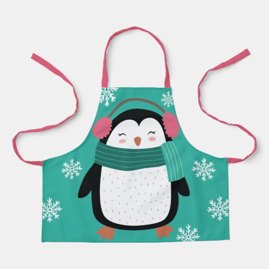 かわいいキャラクター ペンギン 冬の雪の結晶 クリスマス エプロン (正面)
