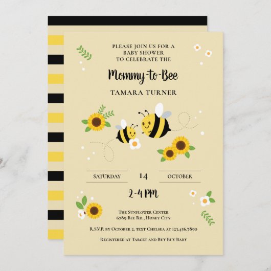 かわいいキャラクター、ママからビーへのベビーシャワー 招待状 (正面/裏面)