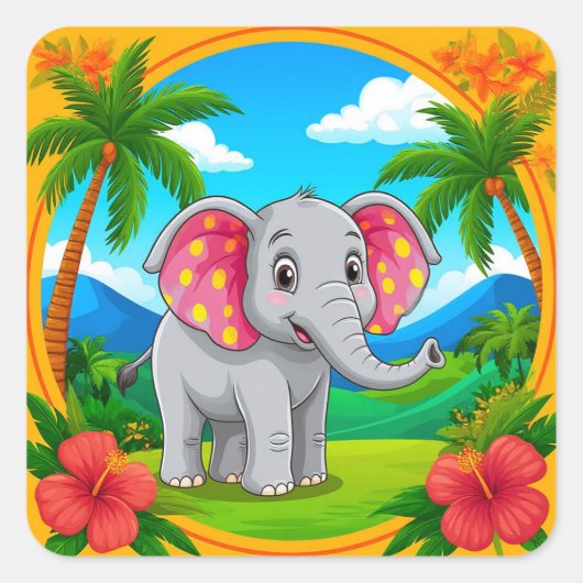🐘 かわいいキャラクター 象 ジャングル 動物 🌿 スクエアシール (正面)