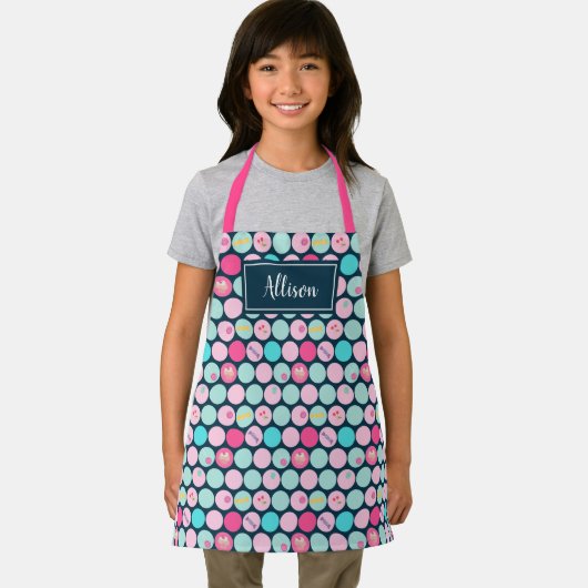 かわいいキャンディカップケーキさくらんぼドットガールズピンク |ネイビー エプロン (インサイチュ)
