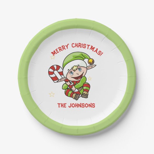 かわいいキャンディケインのサンタの小人 クリスマス紙皿 ペーパープレート (正面)