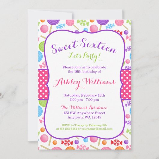 かわいいキャンディスウィート16バースデーパーティー 招待状 (正面)