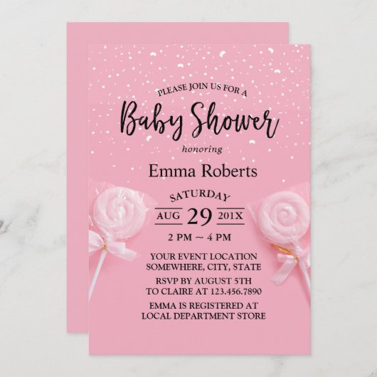 かわいいキャンディパステルピンク赤ちゃんシャワー 招待状 (正面/裏面)