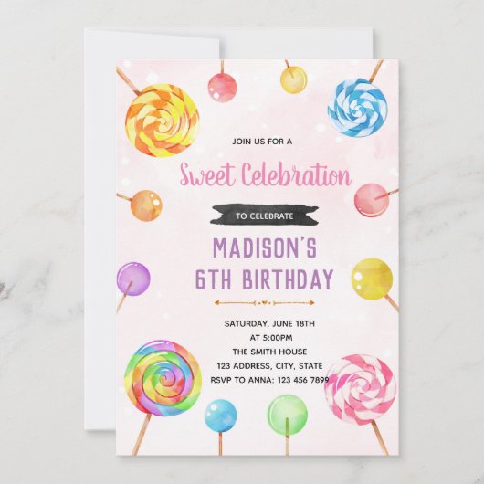 かわいいキャンディパーティーテーマの招待 招待状 (正面)