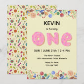 かわいいキャンディーをテーマにした1歳の誕生日パーティーの招待状 招待状 (正面/裏面)