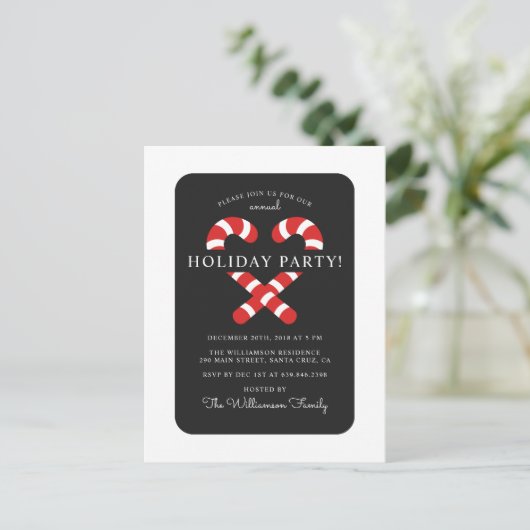 かわいいキャンディーケーンクリスマスホリデーパーティー インビテーションポストカード (スタンド正面)