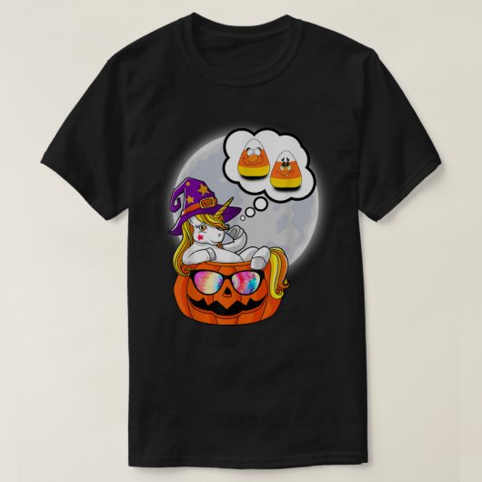 かわいいキャンディーコーンユニコーンカボチャの虹ハロウィーン Tシャツ (デザイン正面)