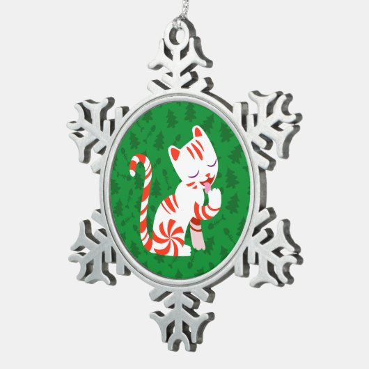 かわいいキャンディ・ケーン猫 スノーフレークピューターオーナメント (右)