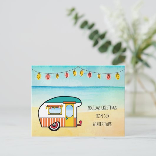 かわいいキャンパーオンビーチウィンターホームニューアドレス 案内ポストカード (スタンド正面)