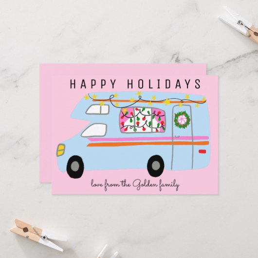 かわいいキャンパーヴィンテージRVツリーフリーカスタムクリスマスクリスマス カード (正面/裏面インサイチュ)