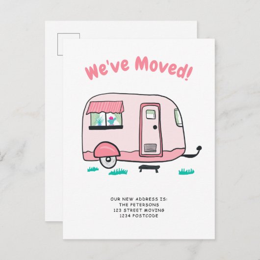 かわいいキャンピングカーバンのイラストレーションの移動発表 案内ポストカード (正面/裏面)