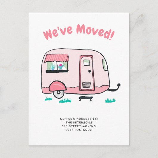 かわいいキャンピングカーバンのイラストレーションの移動発表 案内ポストカード (正面)